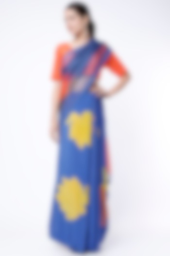 Cobalt Blue Crepe Hand Block Printed Saree Set by Yam India