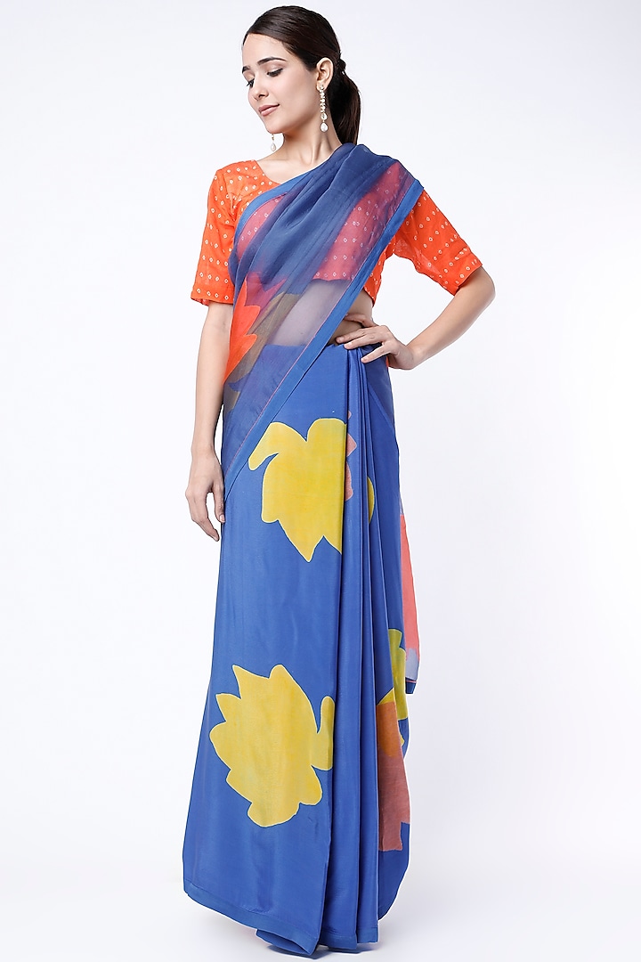 Cobalt Blue Hand Block Printed Saree Set by Yam India