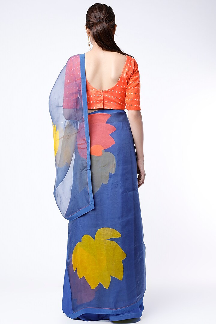 Cobalt Blue Crepe Hand Block Printed Party Wear Saree Set by Yam India at Pernia's Pop Up Shop