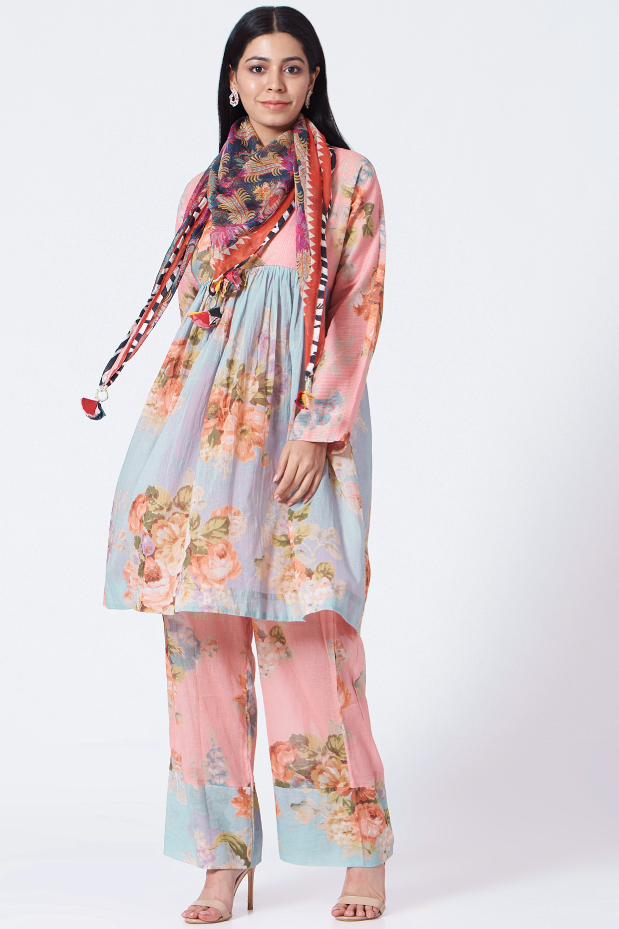 Blush Pink & Sky Blue Kurta Set With Scarf by Yam India at Pernia's Pop Up Shop