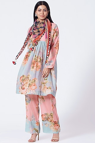 Blush Pink & Sky Blue Kurta Set With Scarf by Yam India