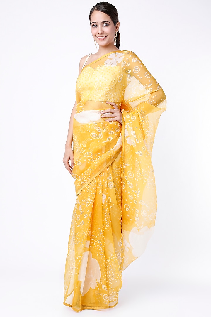 Yellow Printed & Embroidered Saree Set by Yam India