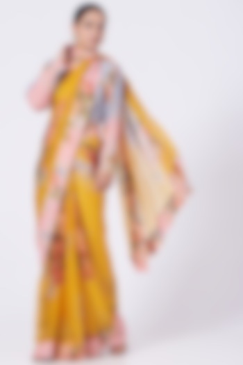Citrus Yellow Floral Printed Handcrafted Saree Set by Yam India