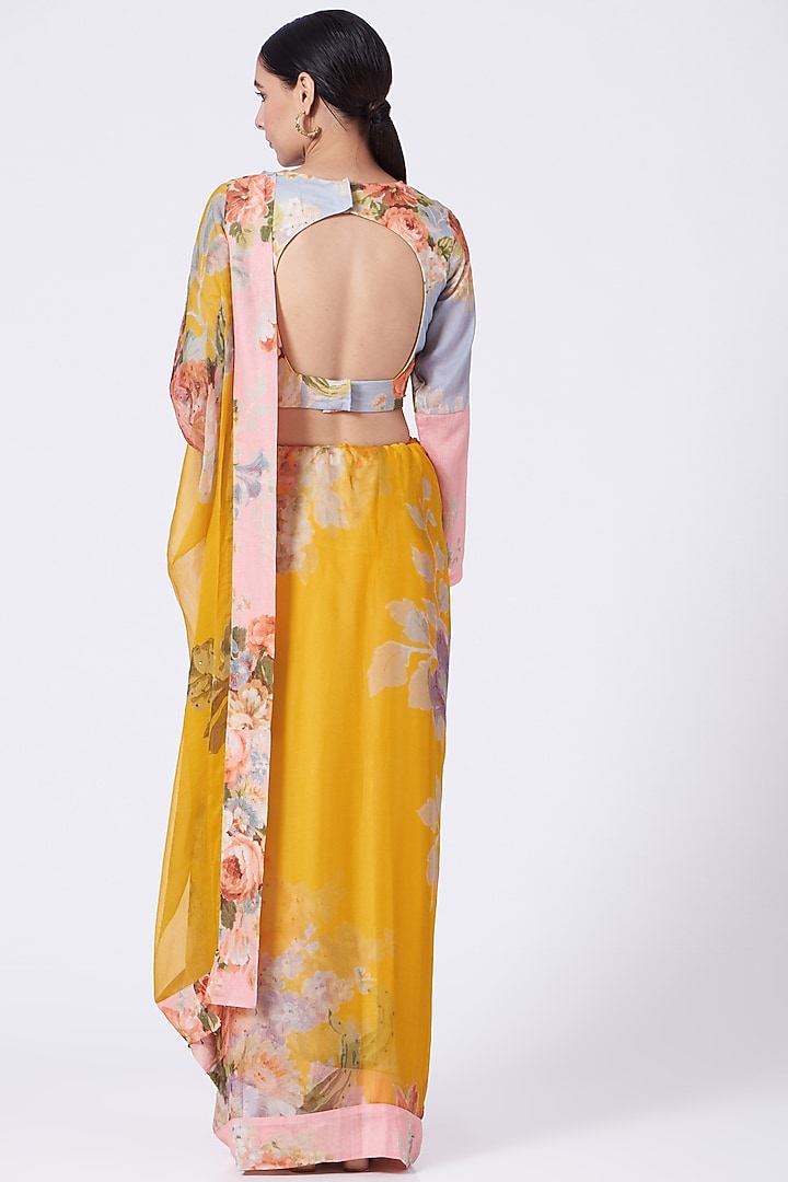 Citrus Yellow Floral Printed Handcrafted Party Wear Saree Set by Yam India at Pernia's Pop Up Shop