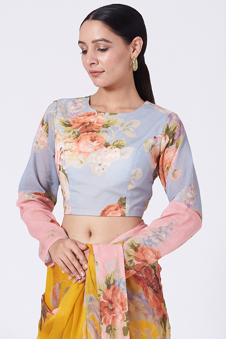 Citrus Yellow Floral Printed Handcrafted Party Wear Saree Set by Yam India at Pernia's Pop Up Shop