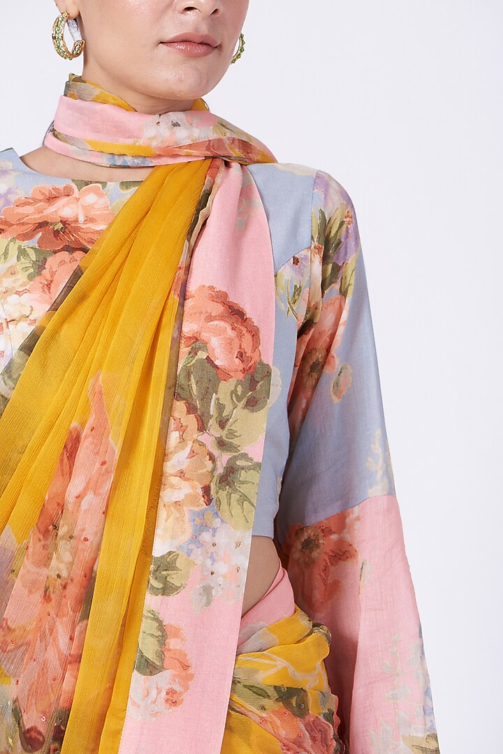Citrus Yellow Floral Printed Handcrafted Party Wear Saree Set by Yam India at Pernia's Pop Up Shop