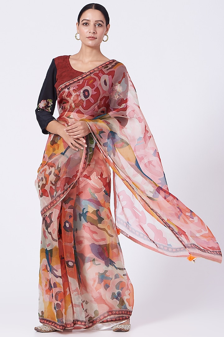 Multi-Colored Hand Painted Saree Set by Yam India