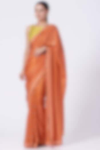 Orange Hand Block Printed Saree Set by Yam India