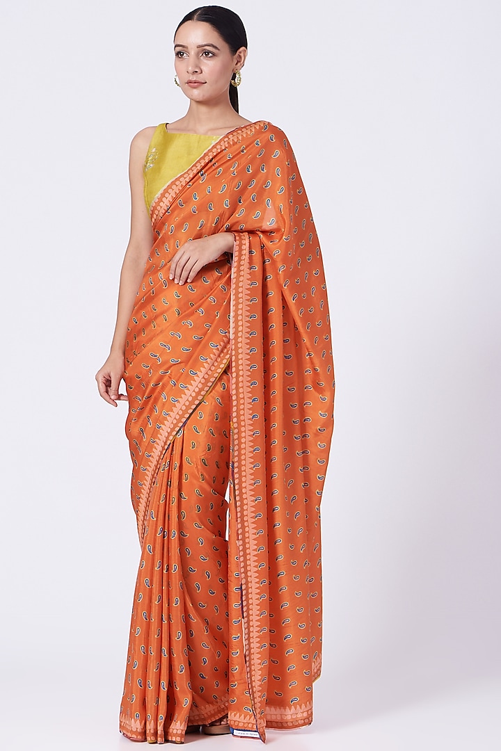 Orange Hand Block Printed Saree Set by Yam India