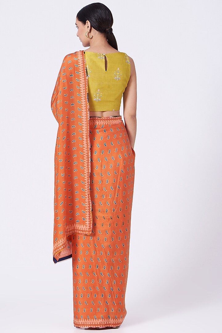 Orange Hand Block Printed Party Wear Saree Set by Yam India at Pernia's Pop Up Shop