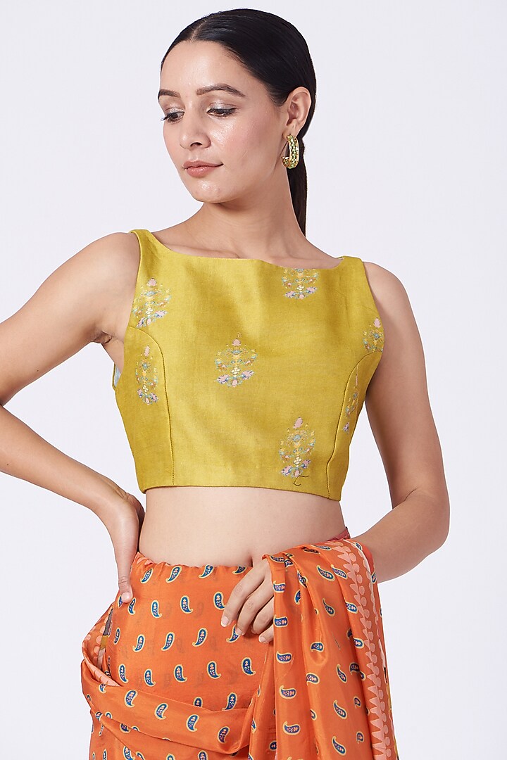 Orange Hand Block Printed Party Wear Saree Set by Yam India at Pernia's Pop Up Shop