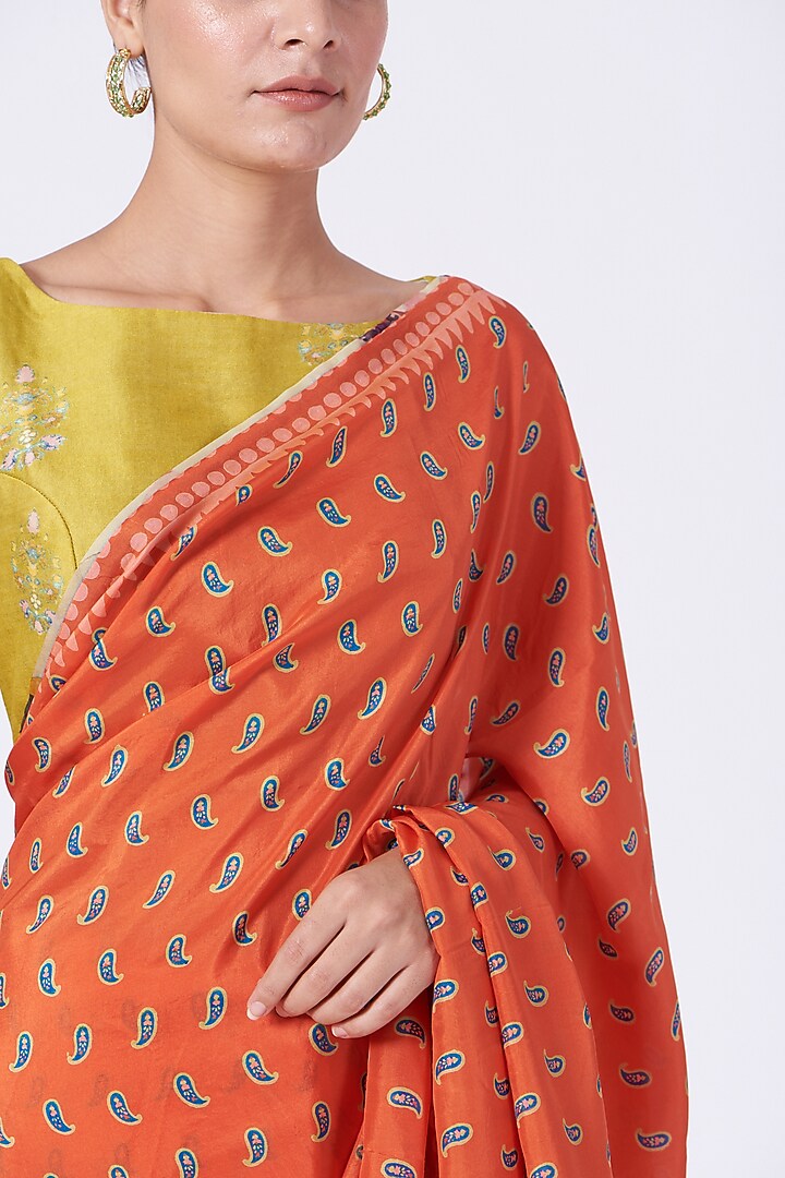Orange Hand Block Printed Party Wear Saree Set by Yam India at Pernia's Pop Up Shop