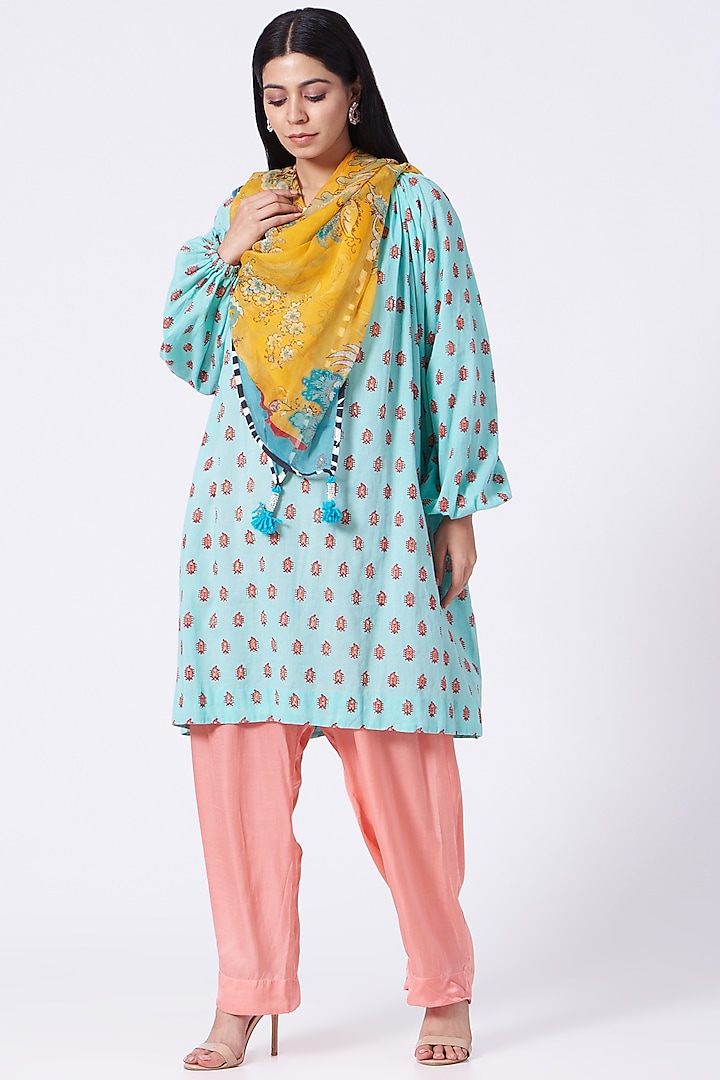 Sky Blue Embroidered Kurta Set With Scarf by Yam India