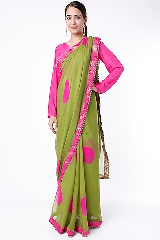 Mehendi Green Printed Saree Set by Yam India
