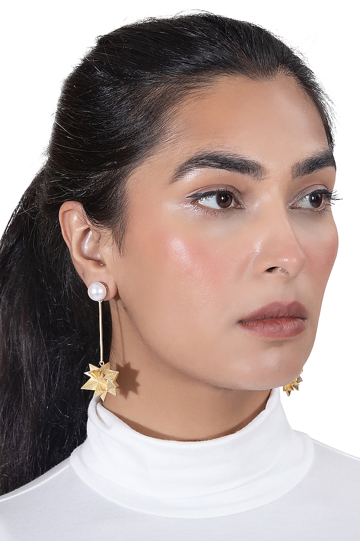 Gold Plated Freshwater Pearl Dangler Earrings by YAMIN
