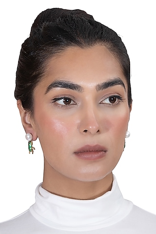 Gold Plated Pearl Enamelled Dangler Earrings by YAMIN