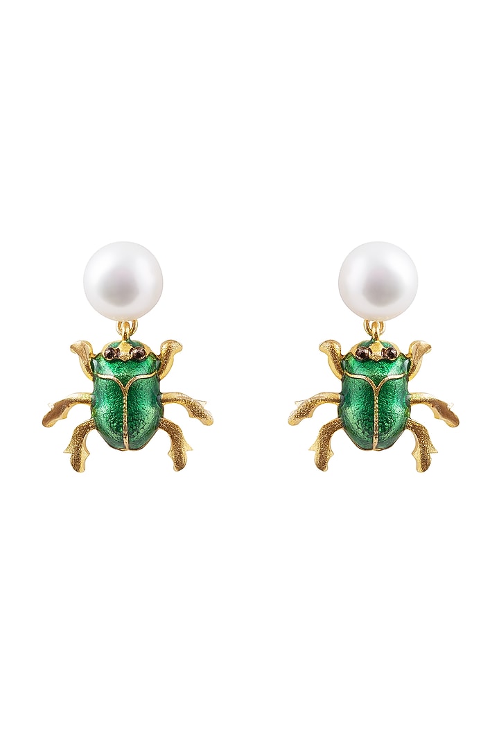 Gold Plated Pearl Enamelled Dangler Earrings by YAMIN at Pernia's Pop Up Shop