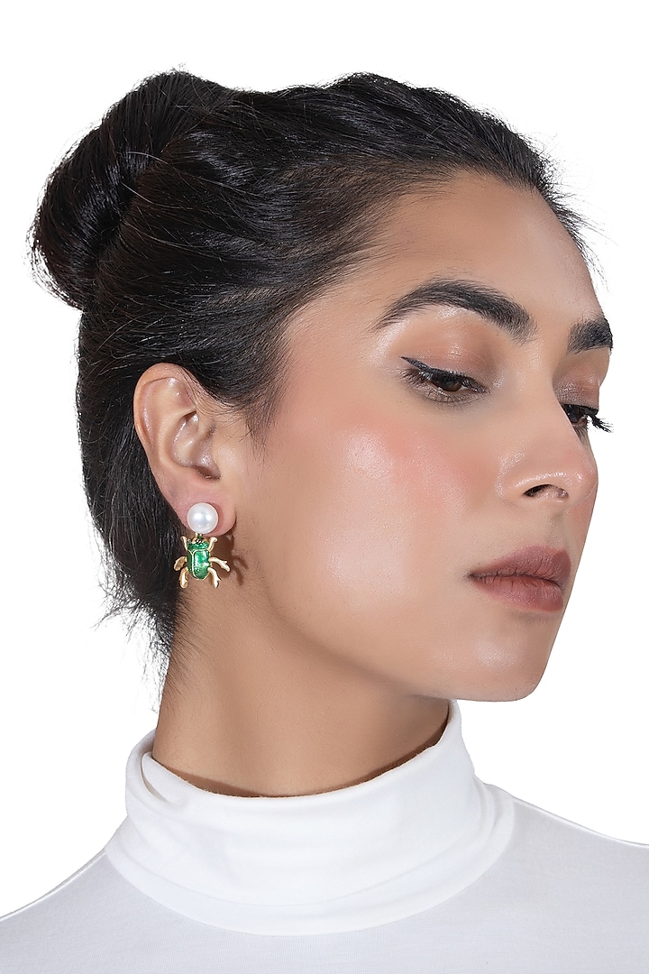 Gold Plated Pearl Enamelled Dangler Earrings by YAMIN at Pernia's Pop Up Shop