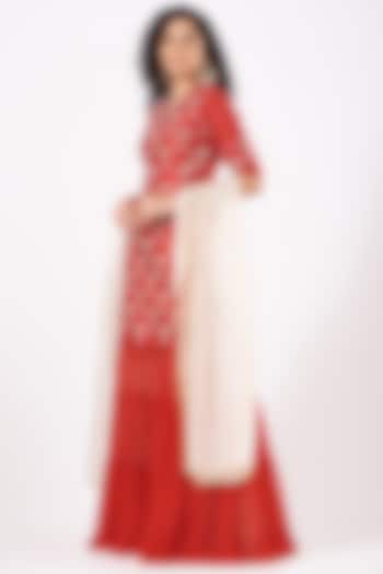 Cadmium Red Raw Silk & Chiffon Sharara Set by Yashodhara