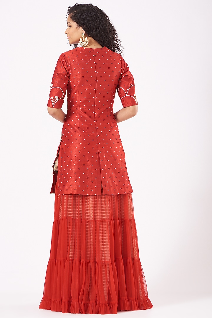 Cadmium Red Raw Silk & Chiffon Wedding Sharara Set by Yashodhara at Pernia's Pop Up Shop