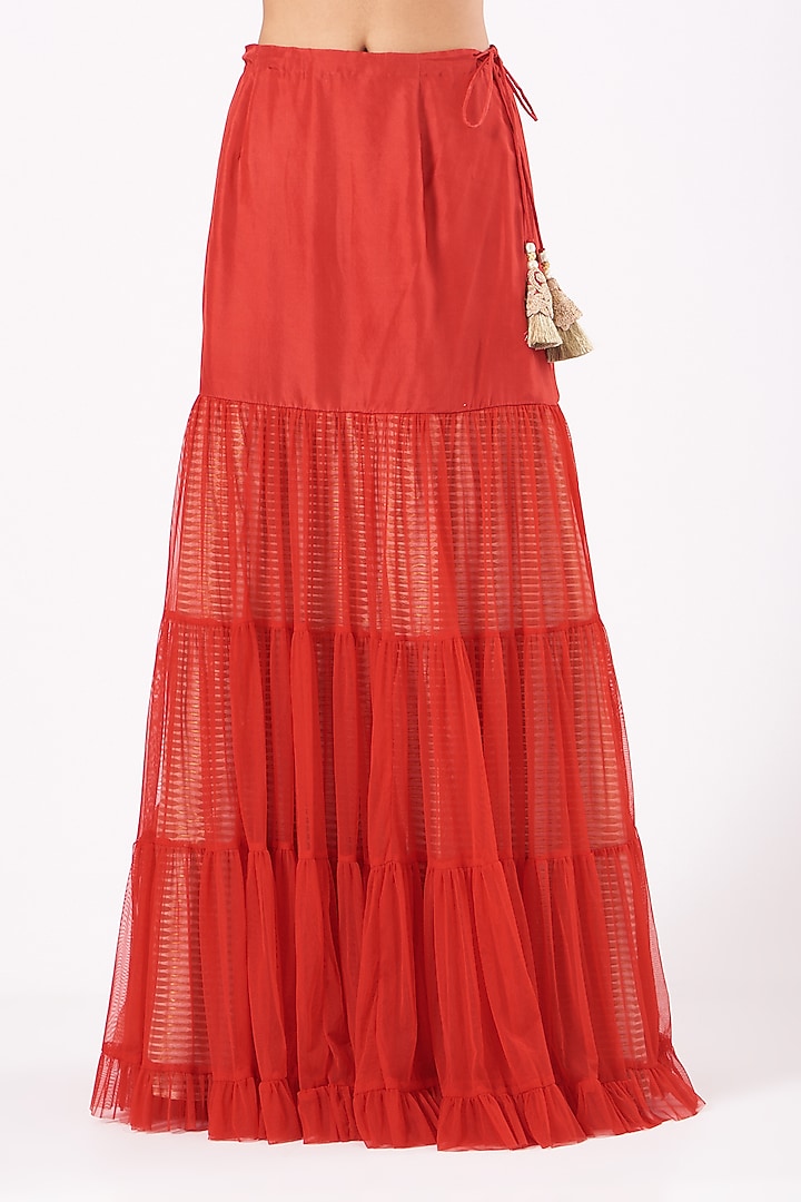 Cadmium Red Raw Silk & Chiffon Wedding Sharara Set by Yashodhara at Pernia's Pop Up Shop