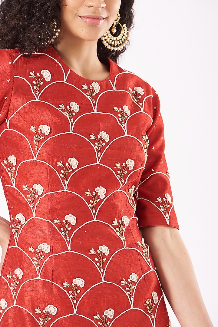 Cadmium Red Raw Silk & Chiffon Wedding Sharara Set by Yashodhara at Pernia's Pop Up Shop