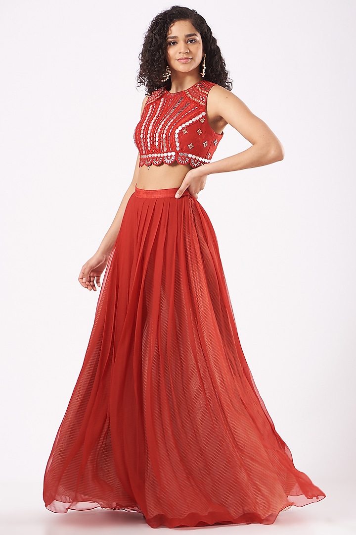 Cadmium Red Raw Silk & Chiffon Skirt Set by Yashodhara