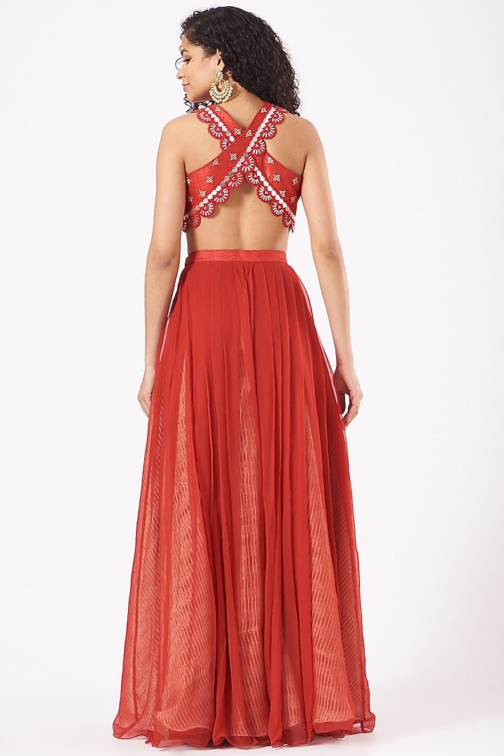 Cadmium Red Raw Silk & Chiffon Skirt Set by Yashodhara at Pernia's Pop Up Shop