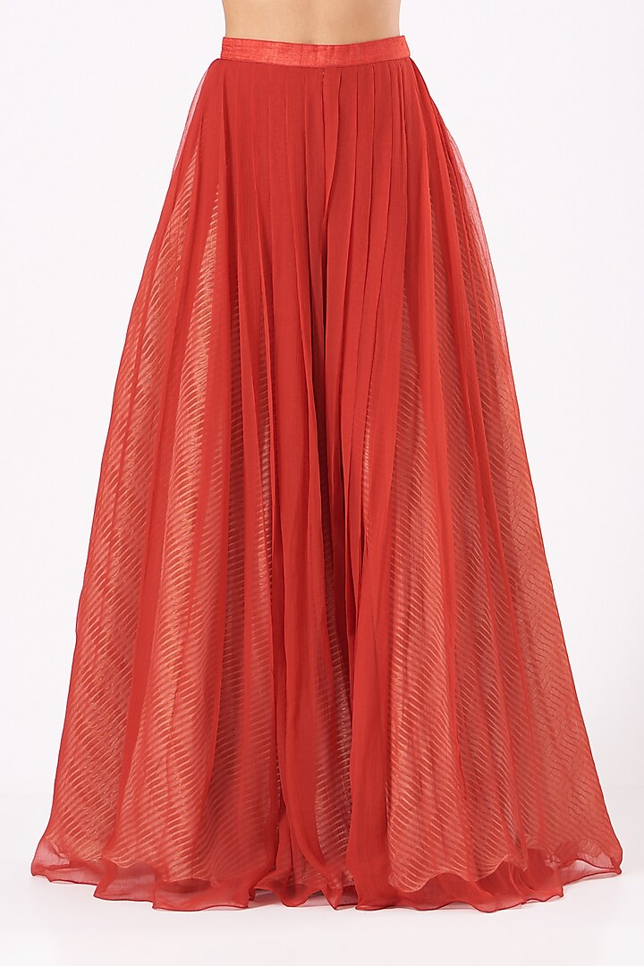 Cadmium Red Raw Silk & Chiffon Skirt Set by Yashodhara at Pernia's Pop Up Shop