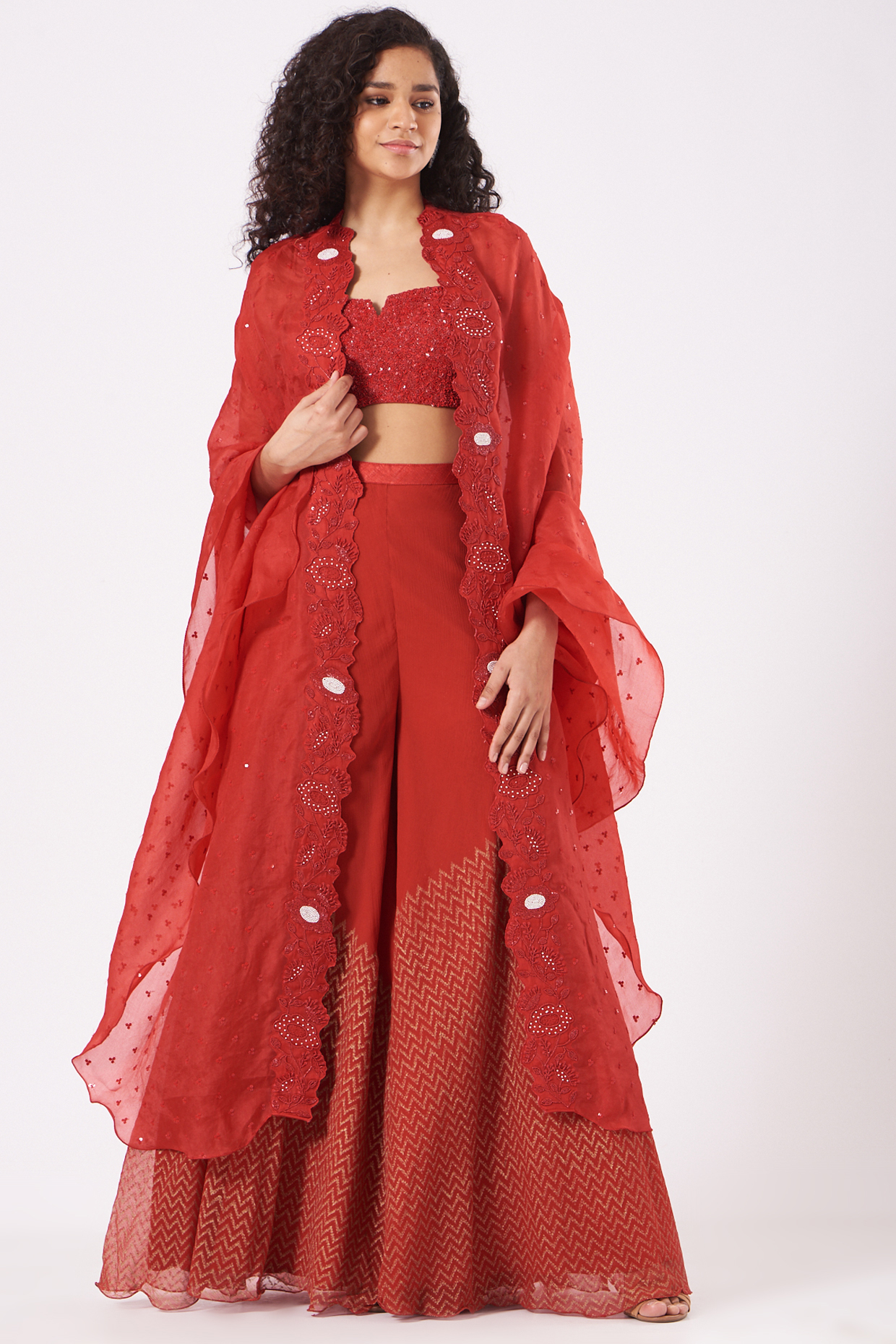 Cadmium Red Embroidered Cape Set by Yashodhara at Pernia's Pop Up Shop