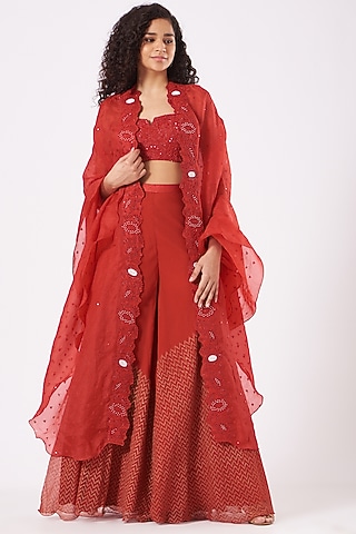 Cadmium Red Embroidered Cape Set by Yashodhara