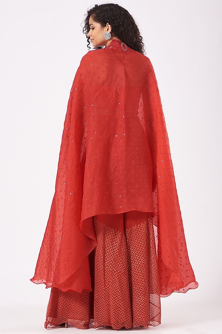 Cadmium Red Embroidered Cape Set by Yashodhara at Pernia's Pop Up Shop
