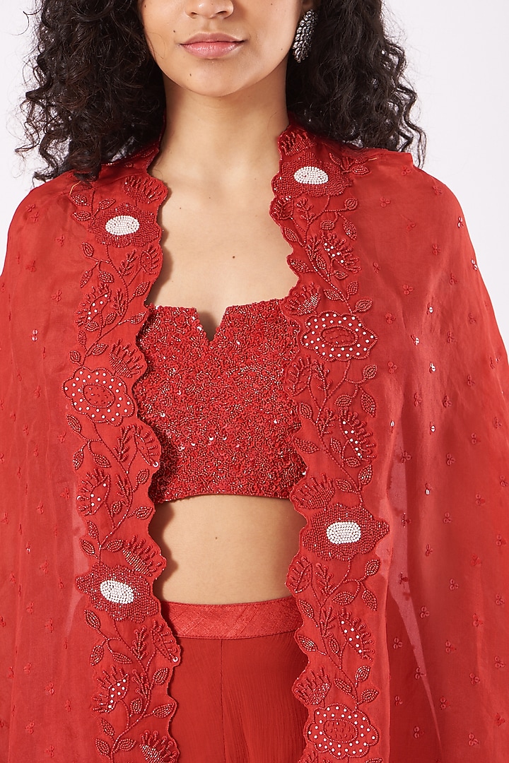 Cadmium Red Embroidered Cape Set by Yashodhara at Pernia's Pop Up Shop