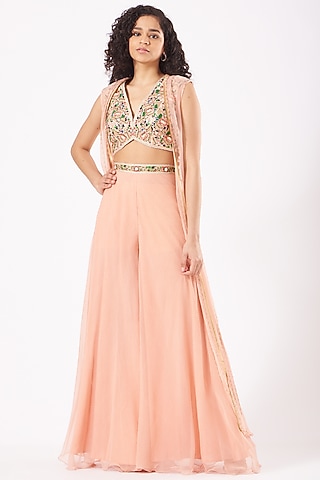 Light Peach Printed Palazzo Pant Set by Yashodhara