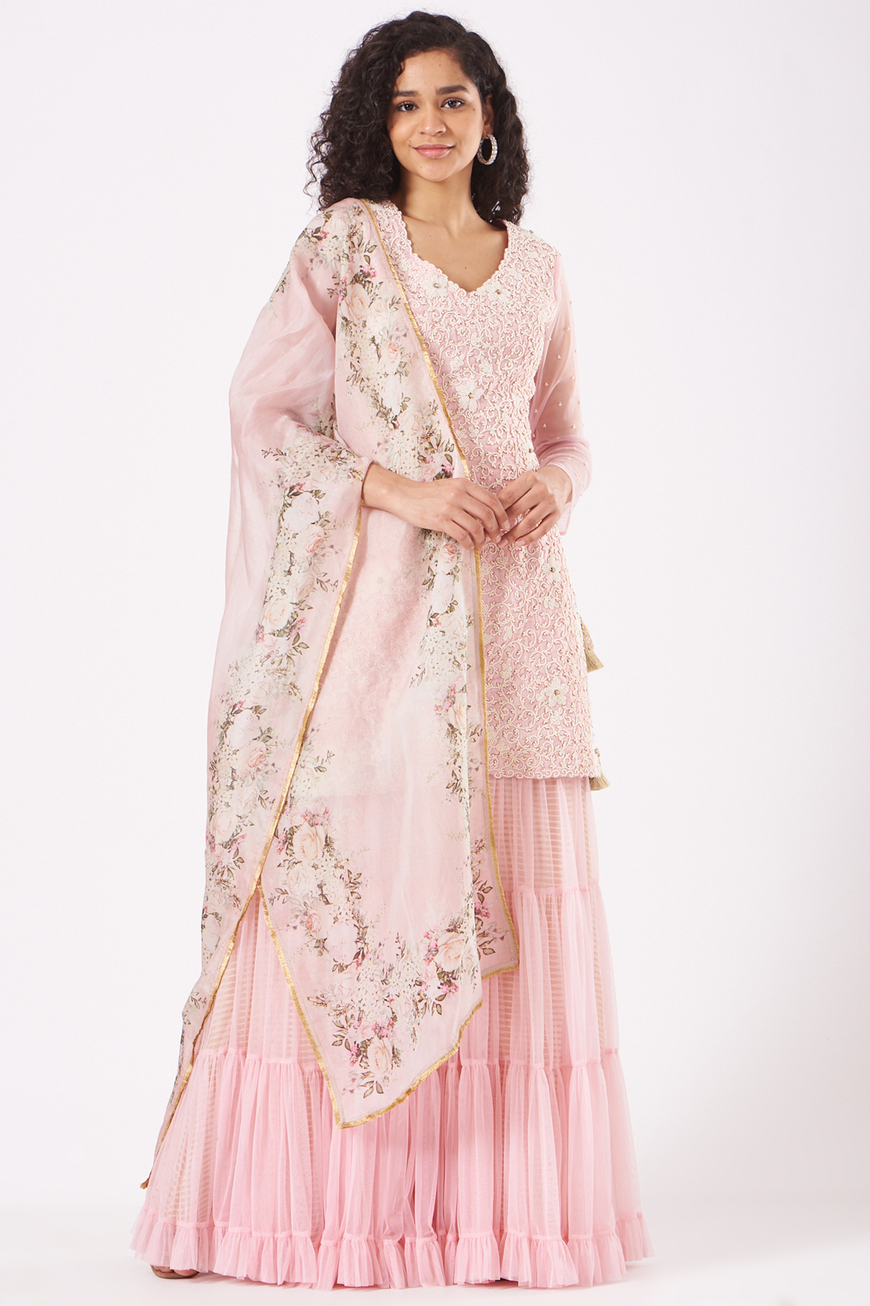 Blush Pink Net Wedding Sharara Set by Yashodhara at Pernia's Pop Up Shop