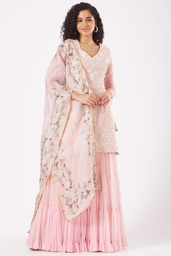 Blush Pink Net Wedding Sharara Set by Yashodhara at Pernia's Pop Up Shop