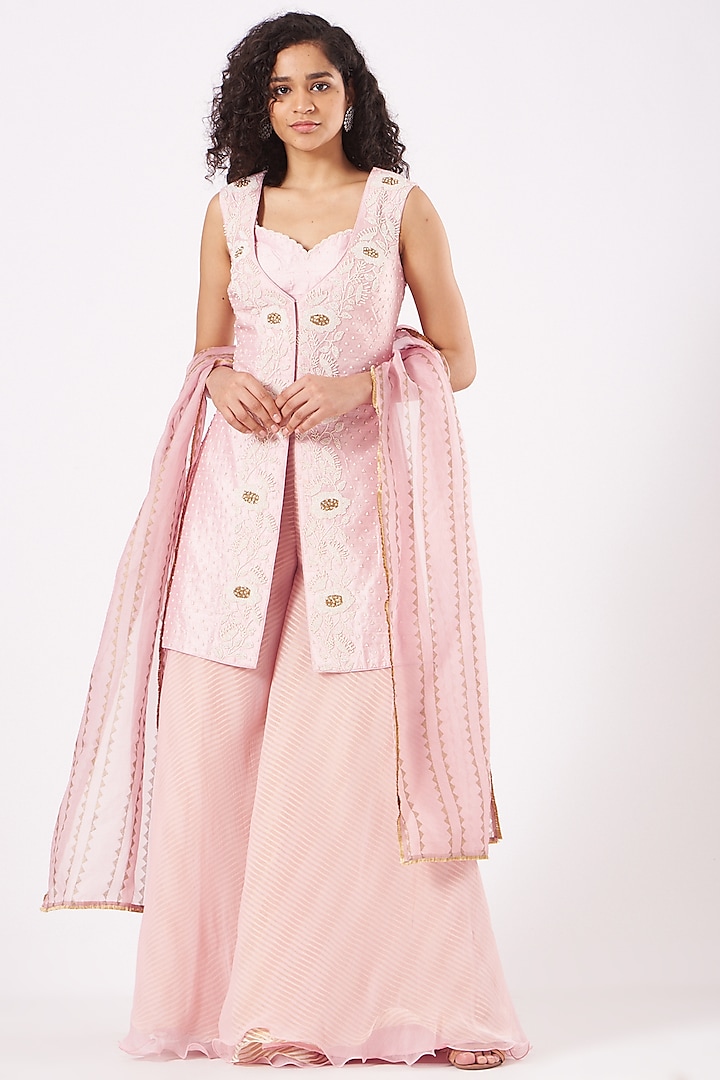 Blush Pink Raw Silk & Chiffon Jacket Set by Yashodhara