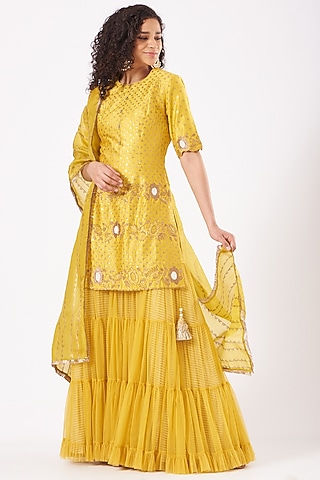 Dull Yellow Net Sharara Set by Yashodhara