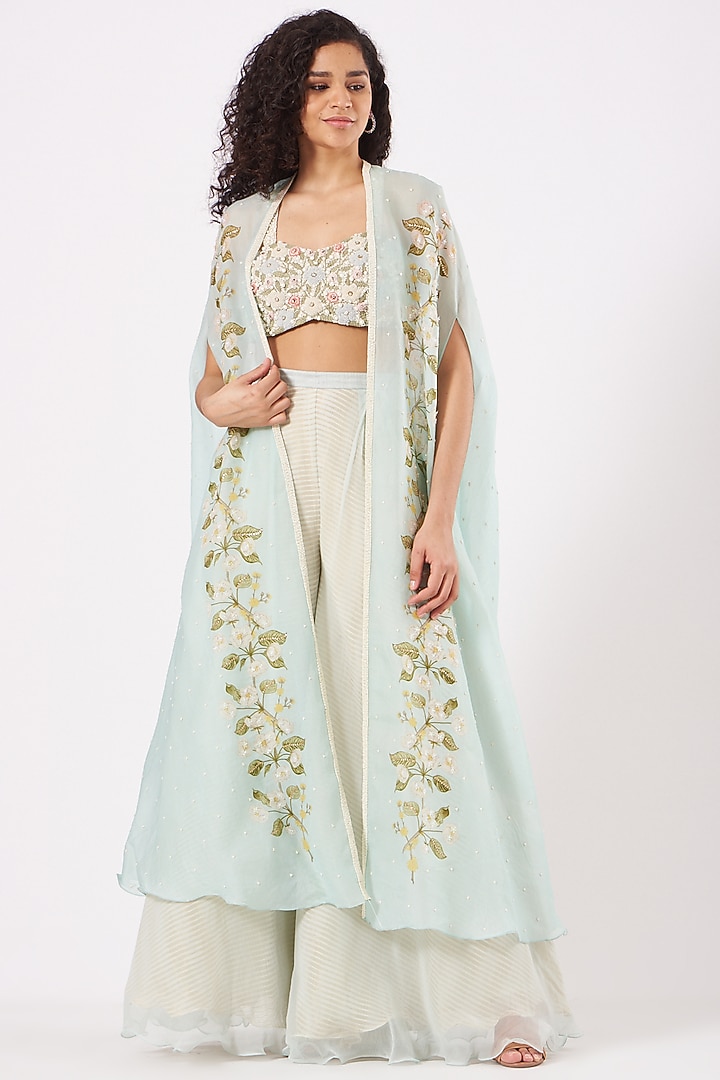 Powder Blue Embroidered Cape Set by Yashodhara at Pernia's Pop Up Shop