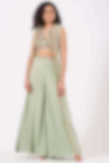 Sage Green Chiffon Polka Dot Printed Palazzo Pant Set by Yashodhara at Pernia's Pop Up Shop