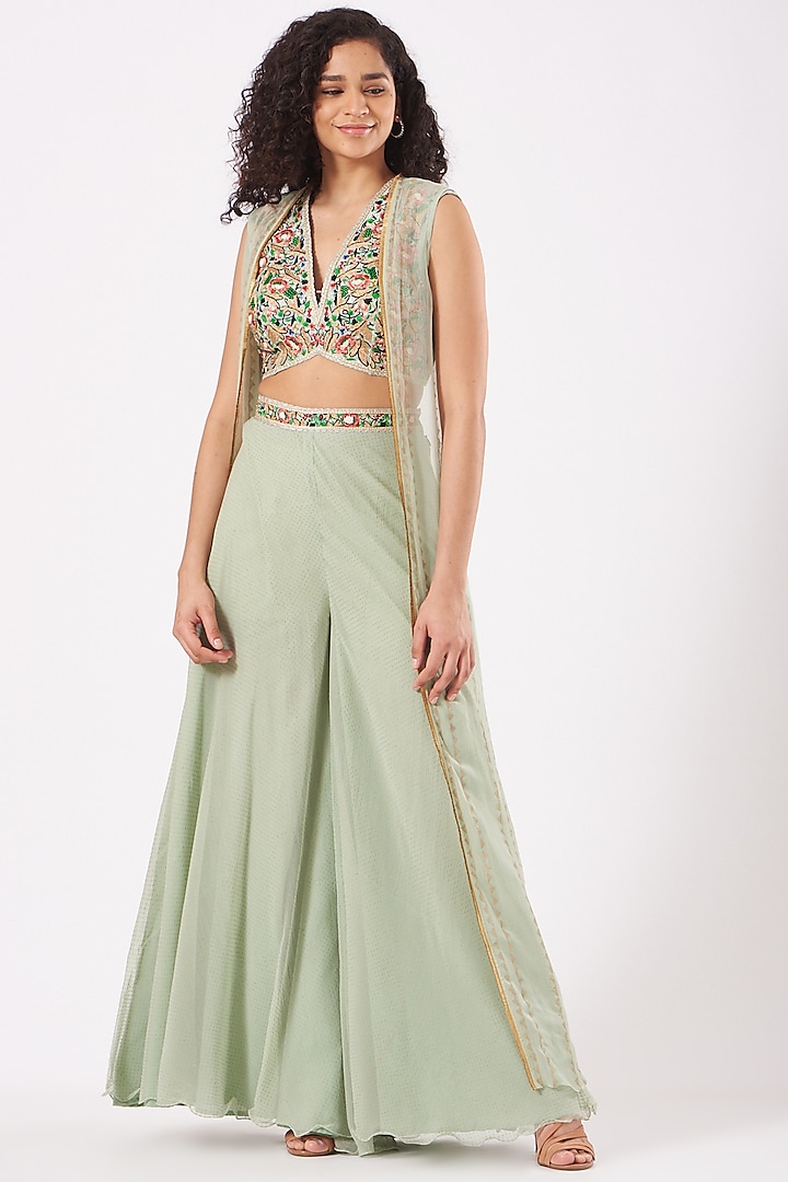 Sage Green Chiffon Polka Dot Printed Palazzo Pant Set by Yashodhara at Pernia's Pop Up Shop