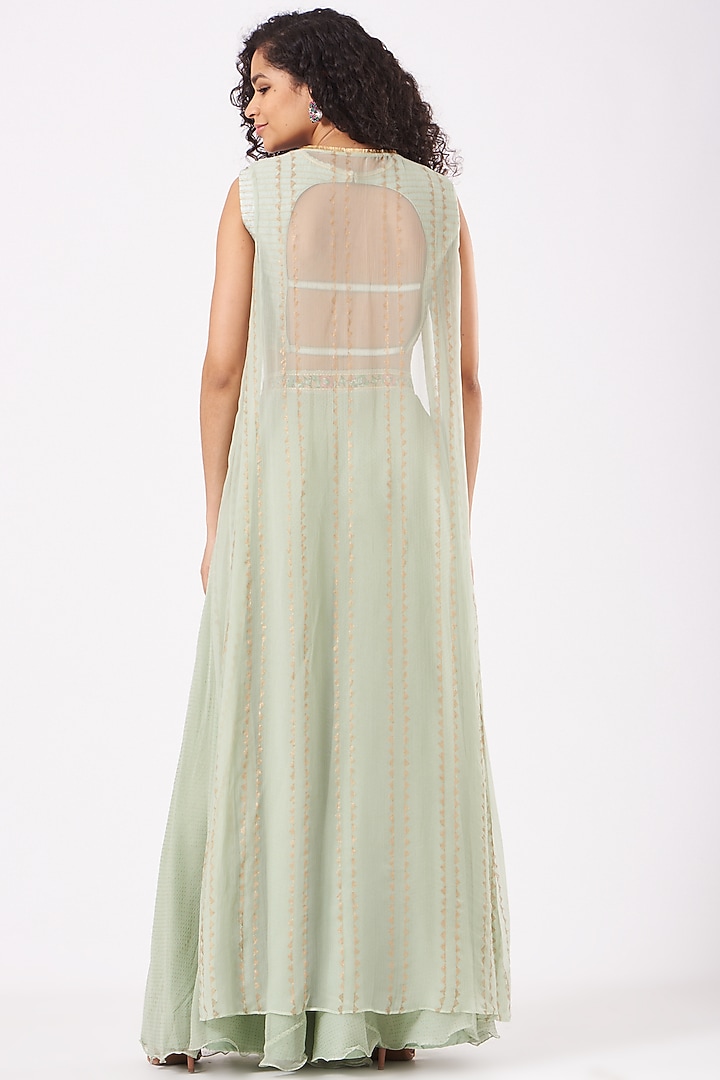 Sage Green Chiffon Polka Dot Printed Palazzo Pant Set by Yashodhara at Pernia's Pop Up Shop
