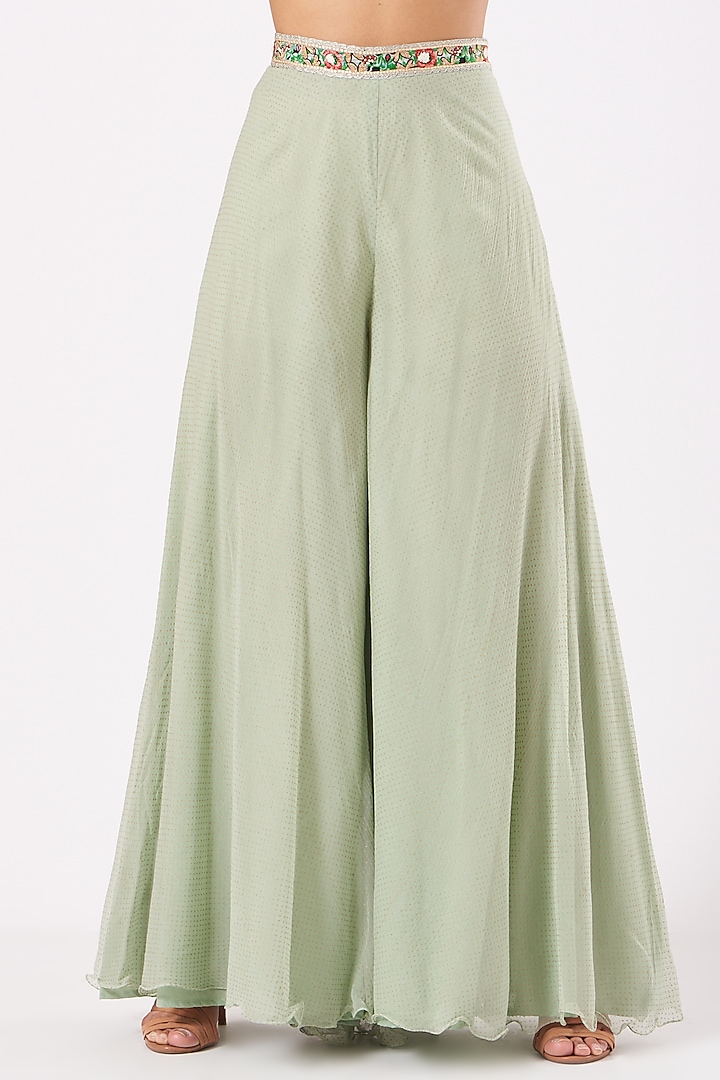 Sage Green Chiffon Polka Dot Printed Palazzo Pant Set by Yashodhara at Pernia's Pop Up Shop