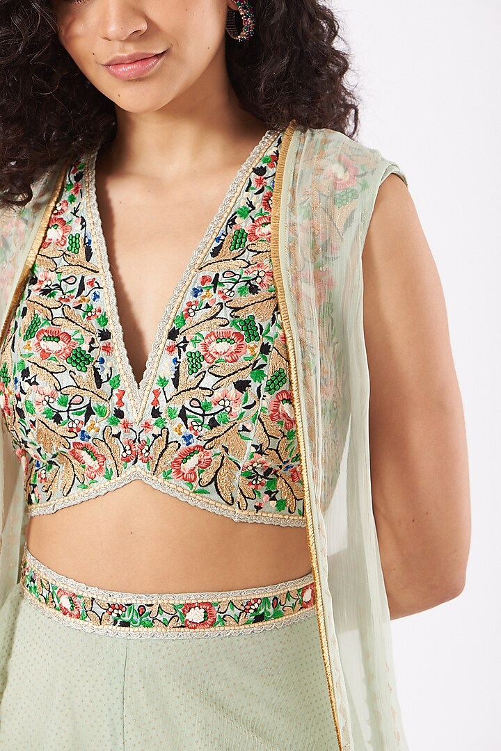 Sage Green Chiffon Polka Dot Printed Palazzo Pant Set by Yashodhara at Pernia's Pop Up Shop