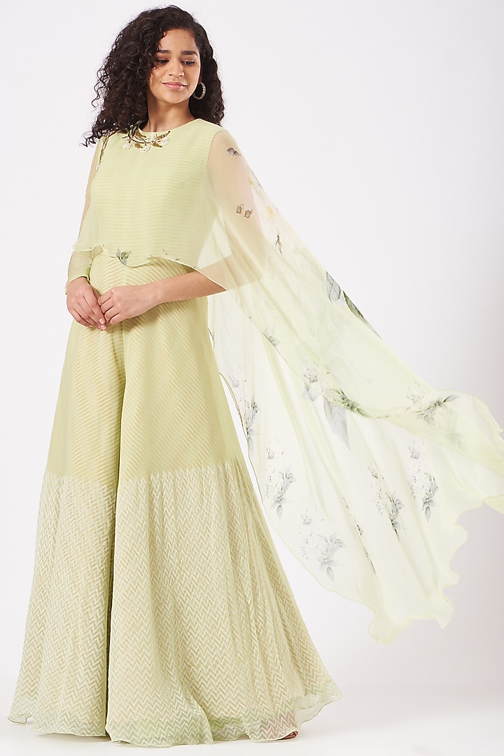 Mint Jumpsuit With Printed Cape by Yashodhara