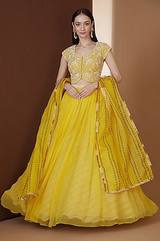 Yellow Chiffon Pleated Lehenga Set by Yashodhara