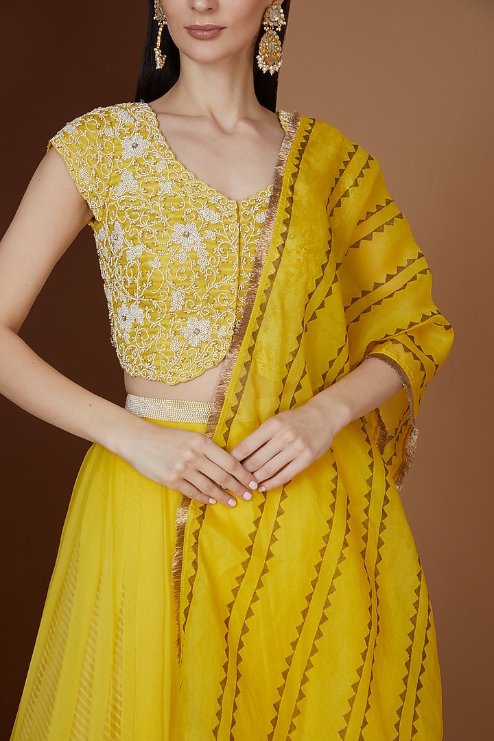 Yellow Chiffon Pleated Wedding Lehenga Set by Yashodhara at Pernia's Pop Up Shop
