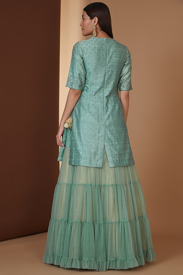 Teal Net Sharara Skirt Set by Yashodhara at Pernia's Pop Up Shop
