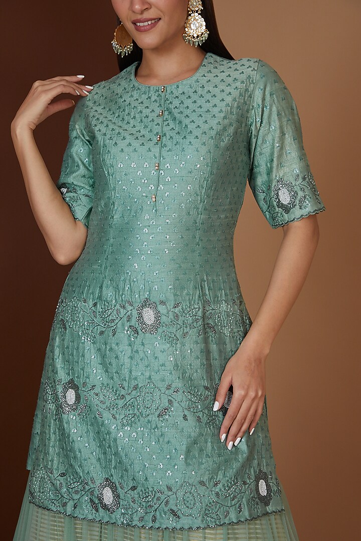 Teal Net Sharara Skirt Set by Yashodhara at Pernia's Pop Up Shop