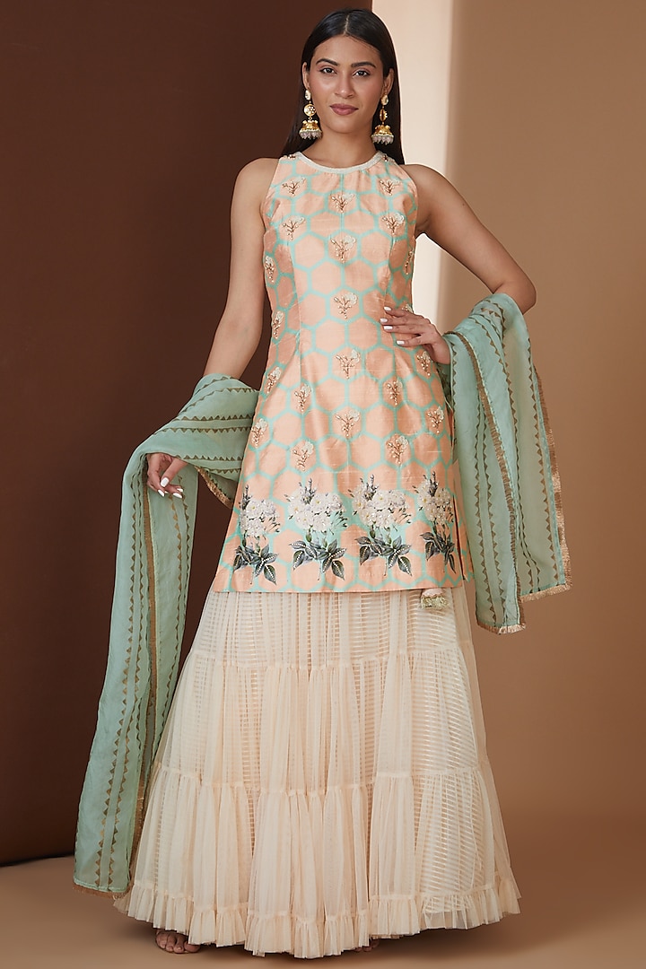 Peach Net Sharara Skirt Set by Yashodhara at Pernia's Pop Up Shop